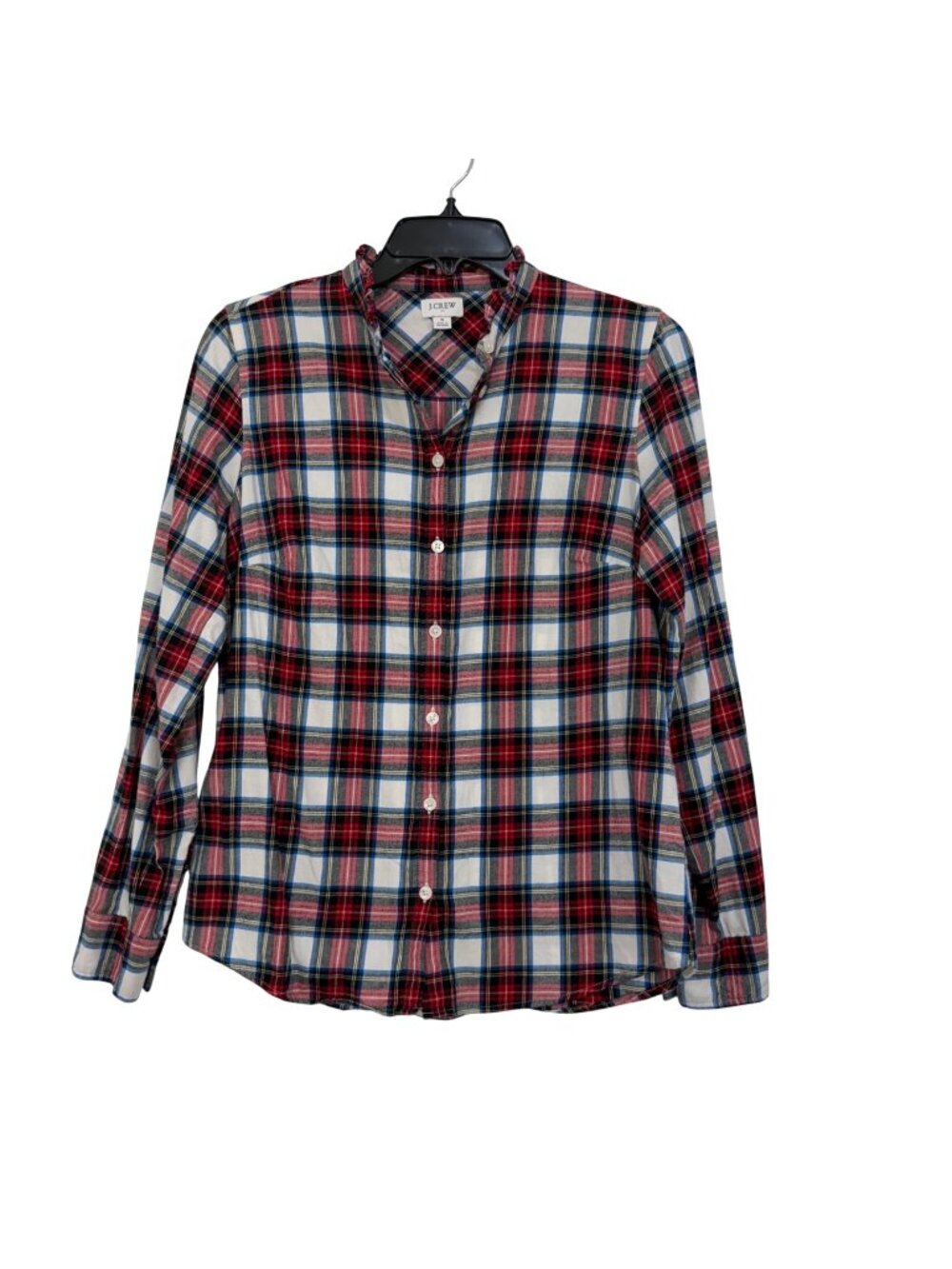 J.Crew Womens Red Plaid Cotton Button-Down Shirt Ruffled Collar Size S